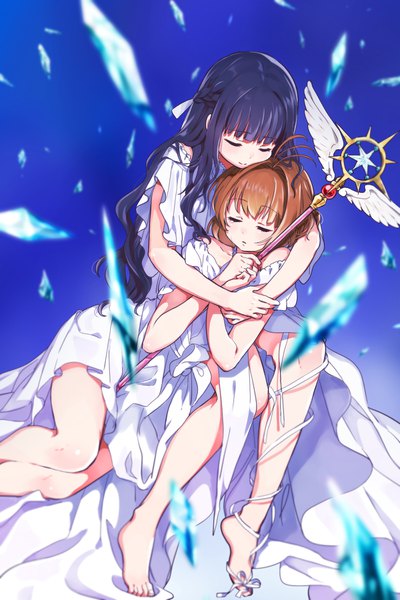 Anime picture 1200x1800 with card captor sakura clamp kinomoto sakura daidouji tomoyo pomu (joynet) long hair tall image fringe short hair black hair brown hair multiple girls holding ahoge blunt bangs eyes closed barefoot hug half updo hug from behind