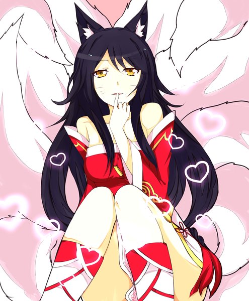 Anime picture 1800x2183 with league of legends ahri (league of legends) tsunyandere (ryoneyami) single long hair tall image looking at viewer highres animal ears yellow eyes blue hair facial mark finger to mouth multiple tails whisker markings girl detached sleeves