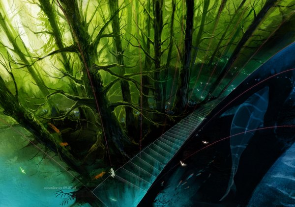 Anime picture 1500x1056 with original ocean (pixiv) landscape silhouette plant (plants) animal tree (trees) water bird (birds) fish (fishes) forest stairs whale