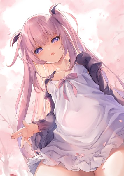 Anime picture 1032x1457 with original sakyumama (kedama milk) kedama milk single long hair tall image blush fringe breasts light erotic simple background standing purple eyes pink hair head tilt pointy ears open jacket from below covered navel shaded face