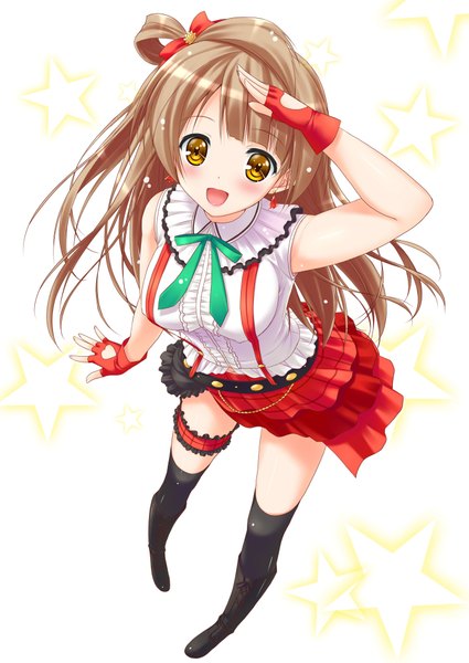 Anime picture 1416x2000 with love live! school idol project sunrise (studio) love live! minami kotori sakaki maki single long hair tall image looking at viewer blush open mouth brown hair brown eyes from above sparkle girl thighhighs dress bow black thighhighs