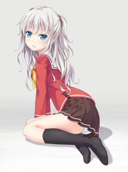 Anime picture 746x1000 with charlotte p.a. works tomori nao uehara yukihiko single long hair tall image looking at viewer blush fringe blue eyes light erotic simple background sitting silver hair bent knee (knees) pleated skirt grey background two side up pantyshot