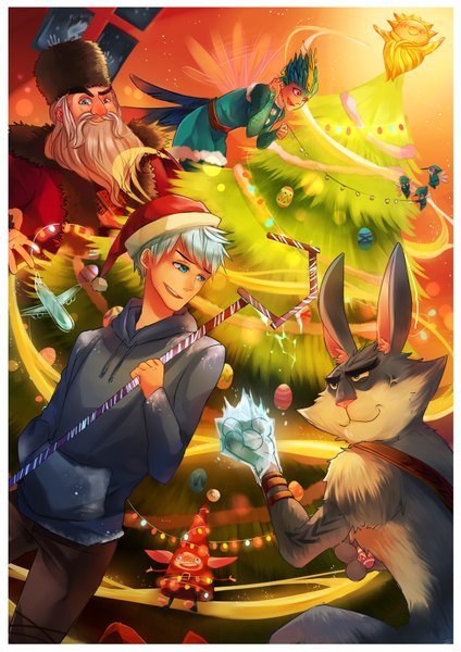 Anime picture 2480x3507 with rise of the guardians dreamworks jack frost (rise of the guardians) santa claus pitch toothiana sandman (rise of the guardians) bunnymund north baby tooth vs41123 (artist) tall image highres short hair blue eyes green eyes yellow eyes silver hair pink eyes border