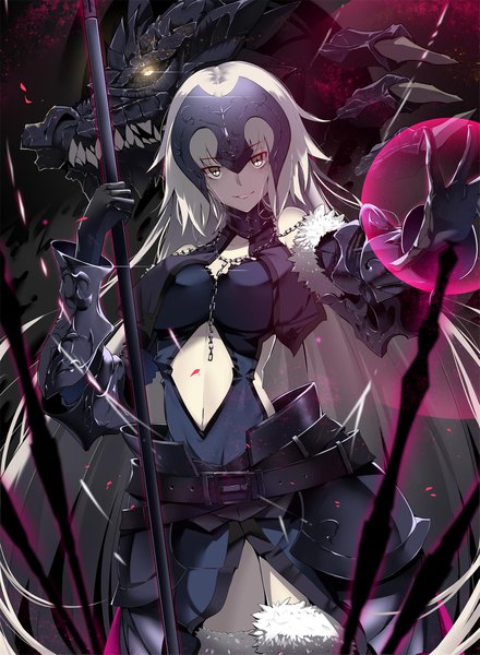 Anime picture 1359x1855 with fate (series) fate/grand order fate/apocrypha jeanne d'arc (fate) (all) jeanne d'arc alter (fate) jeanne d'arc alter (avenger) (third ascension) (fate) lucky (1045044604) single tall image looking at viewer breasts bare shoulders holding yellow eyes ahoge white hair very long hair outstretched arm fantasy center opening