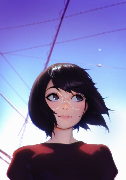 Anime picture 1280x1829 with original ilya kuvshinov single tall image short hair black hair looking away sky upper body wind lips black eyes mole mole under mouth girl glasses power lines