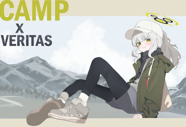 Anime-Bild 2500x1711 mit blue archive hare (blue archive) hare (camp) (blue archive) ran (bearsoymilk) single long hair looking at viewer highres sitting green eyes silver hair full body ponytail open jacket official alternate costume mountain girl shoes jacket scarf