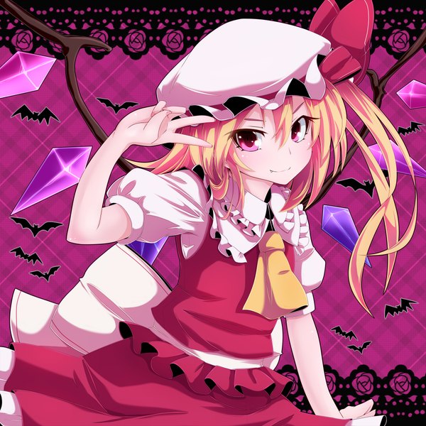Anime picture 1968x1968 with touhou flandre scarlet nikka (cryptomeria) single highres short hair blonde hair red eyes girl dress wings bonnet crystal