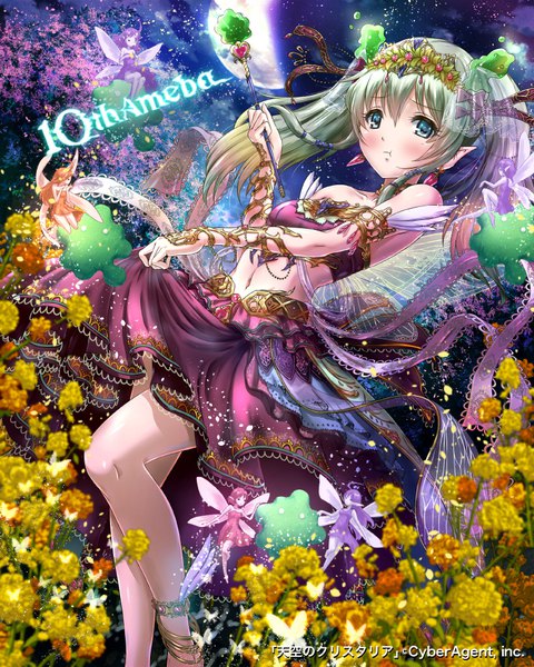 Anime picture 800x1000 with tenkuu no crystalia sakiyamama long hair tall image looking at viewer blush fringe hair between eyes standing twintails bare shoulders multiple girls holding payot cloud (clouds) outdoors multicolored hair green hair wind pointy ears