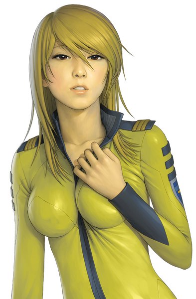 Anime picture 656x1000 with uchuu senkan yamato yuki mori watanabe yasuaki single long hair tall image looking at viewer fringe breasts blonde hair large breasts white background brown eyes parted lips realistic teeth hand on chest open collar girl uniform