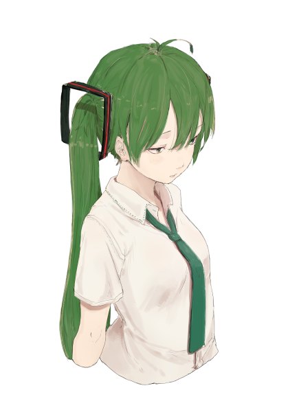 Аниме картинка 876x1200 с вокалоид хацунэ мику yushika один (одна) длинные волосы высокое изображение чёлка простой фон волосы между глазами белый фон два хвостика зелёные глаза смотрит в сторону верхняя часть тела ахоге зелёные волосы девушка галстук