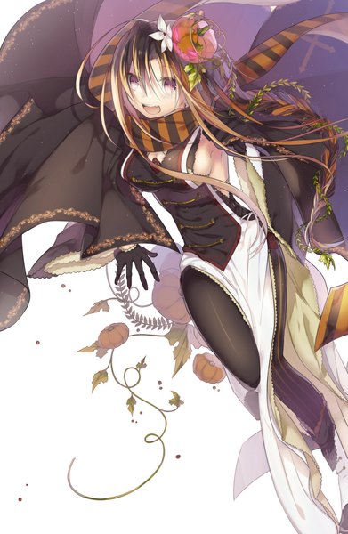 Anime picture 750x1150 with original teigi single long hair tall image looking at viewer breasts open mouth brown hair yellow eyes hair flower girl gloves flower (flowers) black gloves
