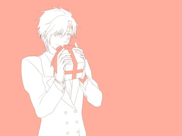 Anime picture 1280x960 with d.gray-man allen walker single short hair simple background white hair monochrome scar pink background white eyes boy gloves suit gift
