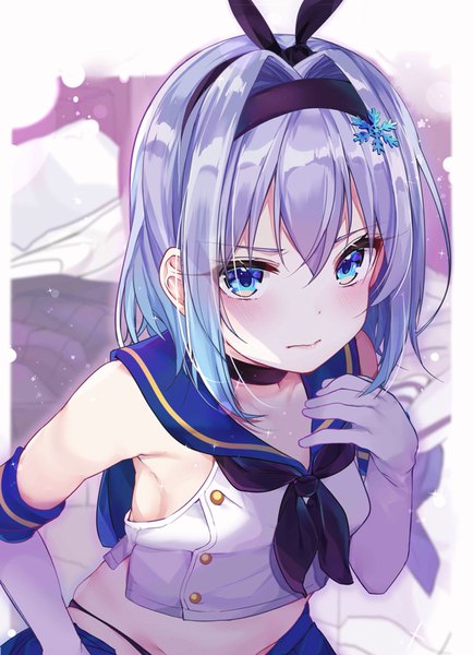 Anime picture 1242x1716 with kantai collection ryuuou no oshigoto! shimakaze destroyer sora ginko rouka (akatyann) single tall image looking at viewer blush fringe short hair blue eyes light erotic hair between eyes bare shoulders payot purple hair from above midriff gradient hair