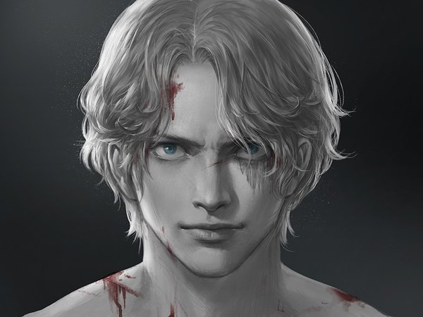 Anime picture 1000x750 with one piece toei animation sabo (one piece) shitsu soku k single looking at viewer short hair blue eyes simple background lips realistic grey background monochrome portrait scar blood on face injury spot color boy blood