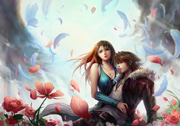 Anime picture 2000x1402 with final fantasy square enix fooltown long hair fringe highres short hair breasts brown hair brown eyes looking away sky cleavage eyes closed lips open clothes open jacket hug reclining girl