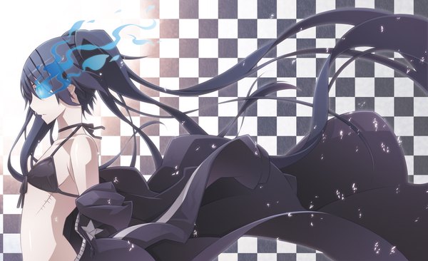Anime picture 1964x1200 with black rock shooter black rock shooter (character) long hair highres blue eyes black hair wide image twintails very long hair profile glowing scar glowing eye (eyes) checkered checkered background girl cloak bikini top