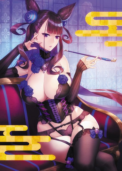 Anime picture 714x1000 with fate (series) fate/grand order murasaki shikibu (fate) demmy single long hair tall image looking at viewer fringe breasts light erotic brown hair large breasts sitting purple eyes bare shoulders holding payot cleavage blunt bangs