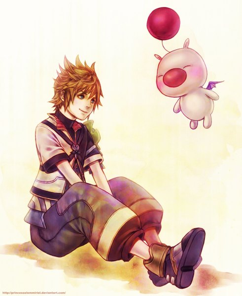 Anime picture 1657x2023 with kingdom hearts square enix sora roxas princesselemmiriel single tall image blush short hair blue eyes simple background brown hair sitting signed boy animal wings