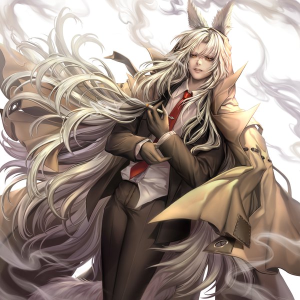 Anime-Bild 4000x4000 mit original sammi hisame single long hair looking at viewer fringe highres open mouth simple background hair between eyes standing white background holding animal ears yellow eyes absurdres silver hair tail long sleeves animal tail