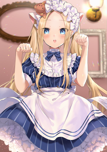 Anime picture 2508x3541 with fate (series) fate/grand order abigail williams (fate) hane yuki single long hair tall image looking at viewer blush highres blue eyes blonde hair twintails animal ears indoors fake animal ears paw pose empty picture frame cook heart (fate) girl