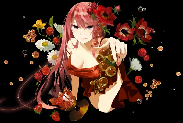Anime picture 1251x847 with vocaloid megurine luka asakaya (artist) single long hair looking at viewer blue eyes pink hair :p foreshortening girl dress flower (flowers) food fruit berry (berries) strawberry grapes