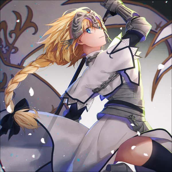 Anime picture 1000x1000 with fate (series) fate/grand order fate/apocrypha jeanne d'arc (fate) (all) jeanne d'arc (fate) hakusai (tiahszld) single long hair looking at viewer blush fringe blue eyes blonde hair hair between eyes standing holding braid (braids) profile looking back from behind