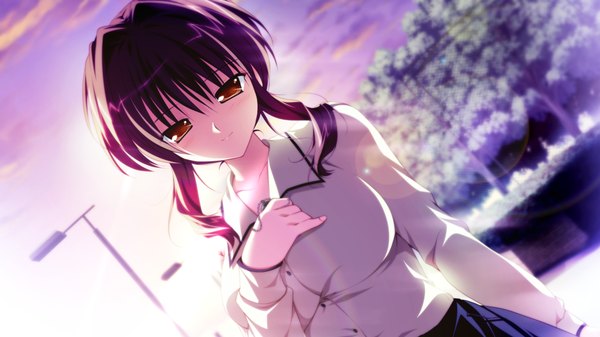Anime picture 1280x720 with root double tachibana kazami short hair wide image brown eyes game cg purple hair girl