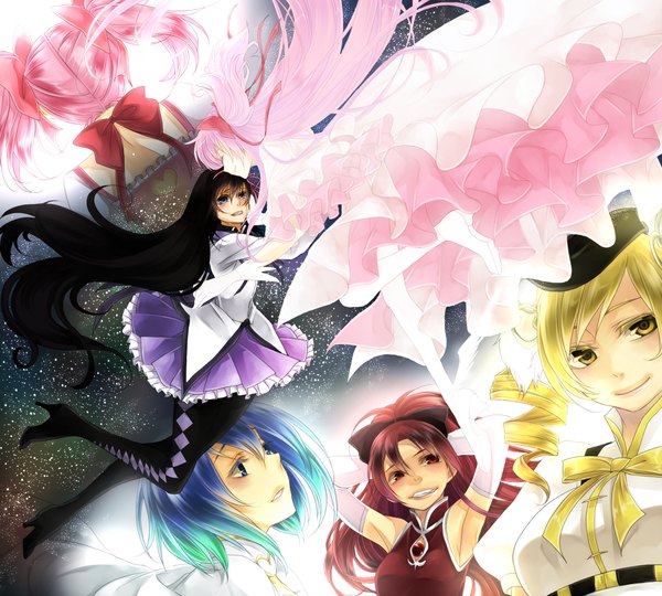 Anime picture 2000x1800 with mahou shoujo madoka magica shaft (studio) akemi homura kaname madoka sakura kyouko miki sayaka tomoe mami goddess madoka kurumi (dosuguromakkuro) long hair blush highres short hair open mouth blue eyes black hair blonde hair smile red eyes twintails