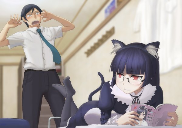 Anime picture 1200x847 with ore no imouto ga konna ni kawaii wake ga nai gokou ruri kousaka kyousuke shirajira black hair red eyes animal ears cat ears cat tail girl boy glasses