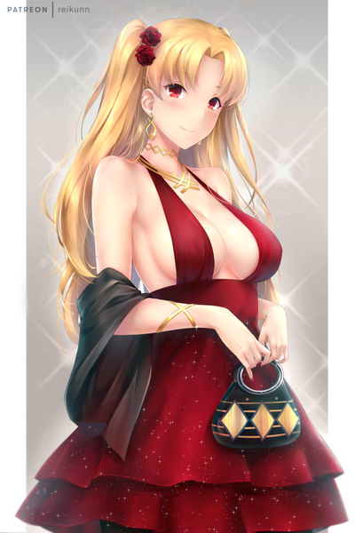 Anime picture 667x1000 with fate (series) fate/grand order ereshkigal (fate) rei kun single long hair tall image looking at viewer blush fringe breasts light erotic simple background blonde hair smile red eyes large breasts standing bare shoulders holding