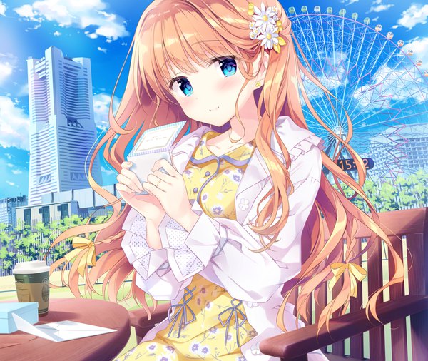 Anime picture 1920x1621 with original date situation zukan saijo melia kimishima ao single long hair looking at viewer blush highres blue eyes blonde hair smile sitting sky cloud (clouds) outdoors hair flower floral print real world location yokohama