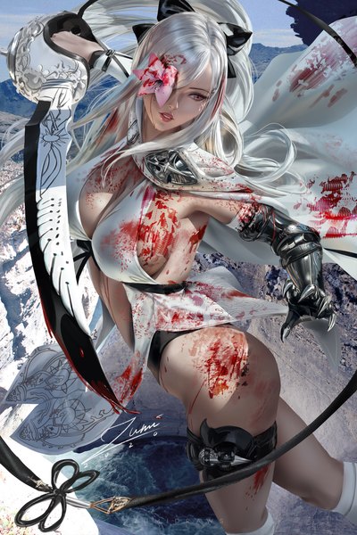 Anime picture 2339x3508 with drakengard zero (drag-on dragoon) zumi (zumidraws) single long hair tall image fringe highres breasts light erotic red eyes large breasts standing holding signed looking away sky cleavage silver hair outdoors