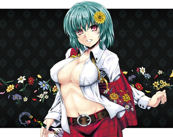 Anime picture 2705x2150 with touhou kazami yuuka hebata single highres short hair breasts light erotic red eyes large breasts hair flower green hair open clothes open shirt girl skirt navel hair ornament flower (flowers) miniskirt