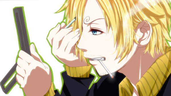 Anime picture 1280x720 with one piece toei animation sanji komomo1214 single short hair open mouth blue eyes blonde hair simple background wide image white background looking away smoke bristle boy cigarette mirror