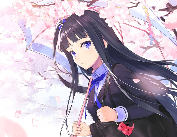 Anime picture 1386x1080 with original nanotaro single long hair looking at viewer fringe blue eyes black hair holding upper body parted lips sunlight cherry blossoms side ponytail spring transparent umbrella girl uniform plant (plants) school uniform