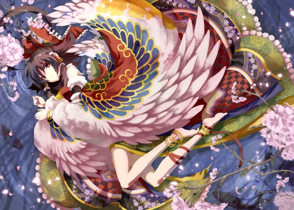 Anime picture 1457x1041 with touhou hakurei reimu 9ji single smile red eyes brown hair braid (braids) twin braids cherry blossoms miko girl bow ribbon (ribbons) petals wings water fish (fishes)