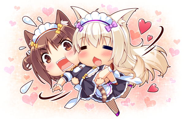 Anime picture 1360x878 with neko paradise neko works (studio) coconut (sayori) azuki (sayori) sayori long hair blush fringe short hair open mouth blonde hair smile hair between eyes brown hair twintails multiple girls brown eyes animal ears game cg ahoge