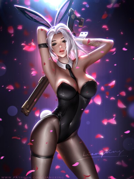 Anime picture 900x1200 with overwatch blizzard entertainment ashe (overwatch) liang xing single tall image fringe short hair breasts light erotic simple background large breasts standing brown eyes signed animal ears cleavage white hair tail animal tail
