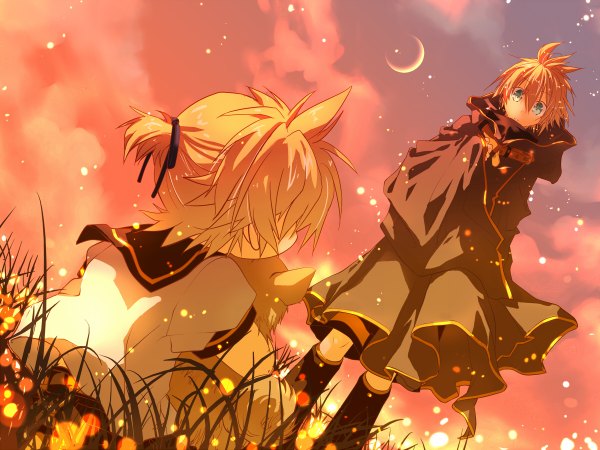 Anime picture 1200x900 with vocaloid kagamine len shirotsugu short hair blue eyes blonde hair sky cloud (clouds) ponytail evening sunset crescent dual persona alternate age younger time paradox boy plant (plants) animal socks