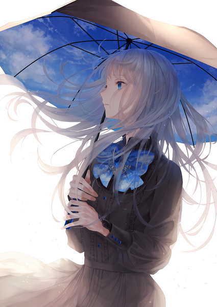 Anime picture 2508x3541 with original nyaon oekaki single long hair tall image fringe highres blue eyes simple background standing white background holding looking away sky cloud (clouds) upper body long sleeves profile wind grey hair