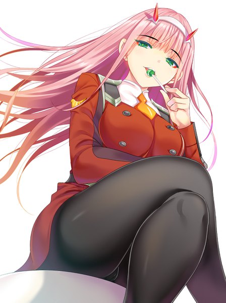 Anime picture 1000x1337 with darling in the franxx studio trigger zero two (darling in the franxx) sabano niwatori single long hair tall image looking at viewer blush fringe breasts open mouth light erotic simple background hair between eyes white background sitting holding green eyes payot