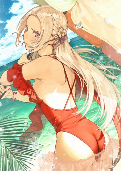 Anime picture 827x1169 with fire emblem fire emblem: three houses fire emblem heroes nintendo edelgard von hresvelg edelgard von hresvelg (summer) mueririko single long hair tall image looking at viewer fringe breasts light erotic purple eyes holding sky silver hair cloud (clouds) outdoors
