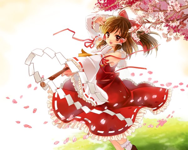 Anime picture 1280x1024 with touhou hakurei reimu kusukoni melco single long hair looking at viewer open mouth brown hair cherry blossoms half updo miko girl bow hair bow petals