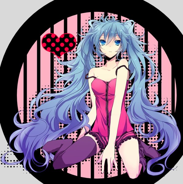 Anime picture 1756x1770 with vocaloid hatsune miku mihatarou single tall image looking at viewer highres blue eyes twintails blue hair cleavage full body very long hair strap slip between legs girl thighhighs black thighhighs