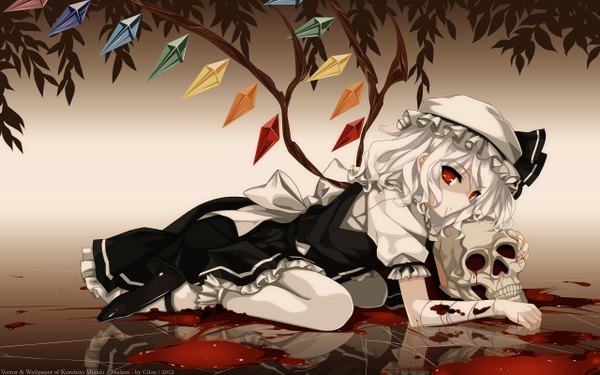 Anime picture 2560x1600 with touhou flandre scarlet misaki kurehito cilou (artist) single looking at viewer fringe highres short hair blonde hair red eyes wide image reflection girl dress bow wings shoes frills leaf (leaves)