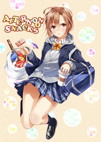 Anime picture 750x1050 with original heirou single tall image looking at viewer blush short hair open mouth brown hair brown eyes girl skirt uniform school uniform socks shoes black socks school bag loafers paper bag