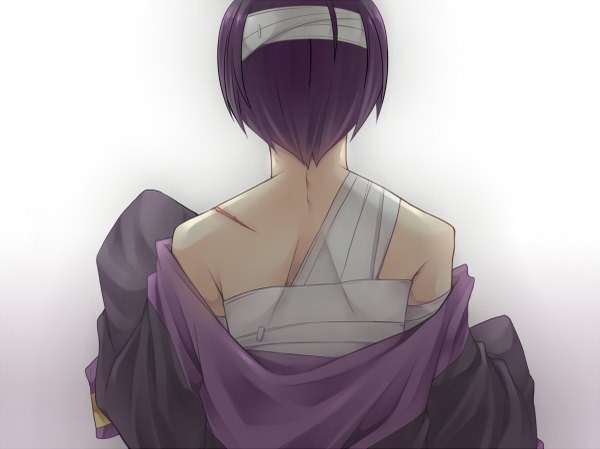 Anime picture 1200x899 with vocaloid taito (vocaloid) shinyae single short hair simple background white background purple hair back scar boy bandage (bandages)