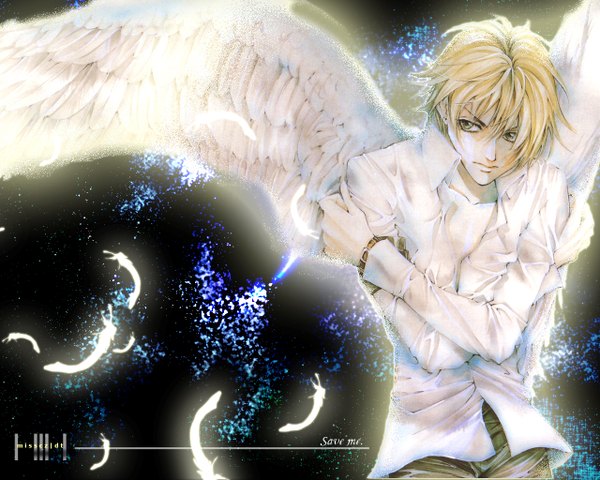 Anime picture 1280x1024 with angel sanctuary mudou setsuna short hair blonde hair yellow eyes open clothes open shirt wallpaper angel wings boy feather (feathers)