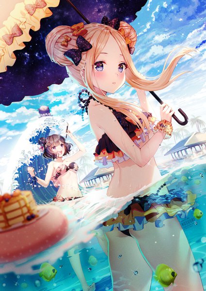 Anime picture 1000x1413 with fate (series) fate/grand order abigail williams (fate) katsushika hokusai (fate/grand order) tokitarou (fate/grand order) rosuuri long hair tall image looking at viewer blush fringe short hair breasts open mouth blue eyes light erotic blonde hair smile standing purple eyes