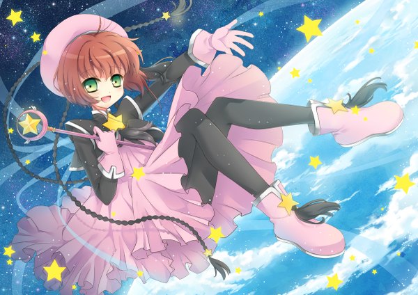 Anime picture 1200x849 with card captor sakura clamp kinomoto sakura ceru single blush short hair open mouth brown hair green eyes space girl dress gloves boots star (symbol) beret earth hoshi no tsue